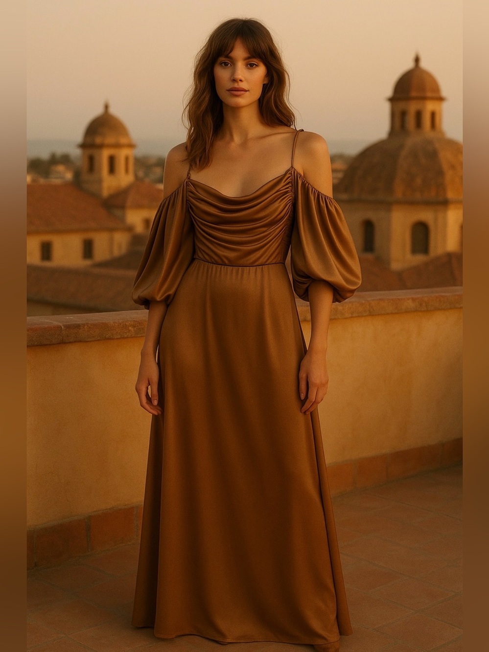 Vintage 70s Bronze Satin Cowl Neck Draped Maxi Gown Dress